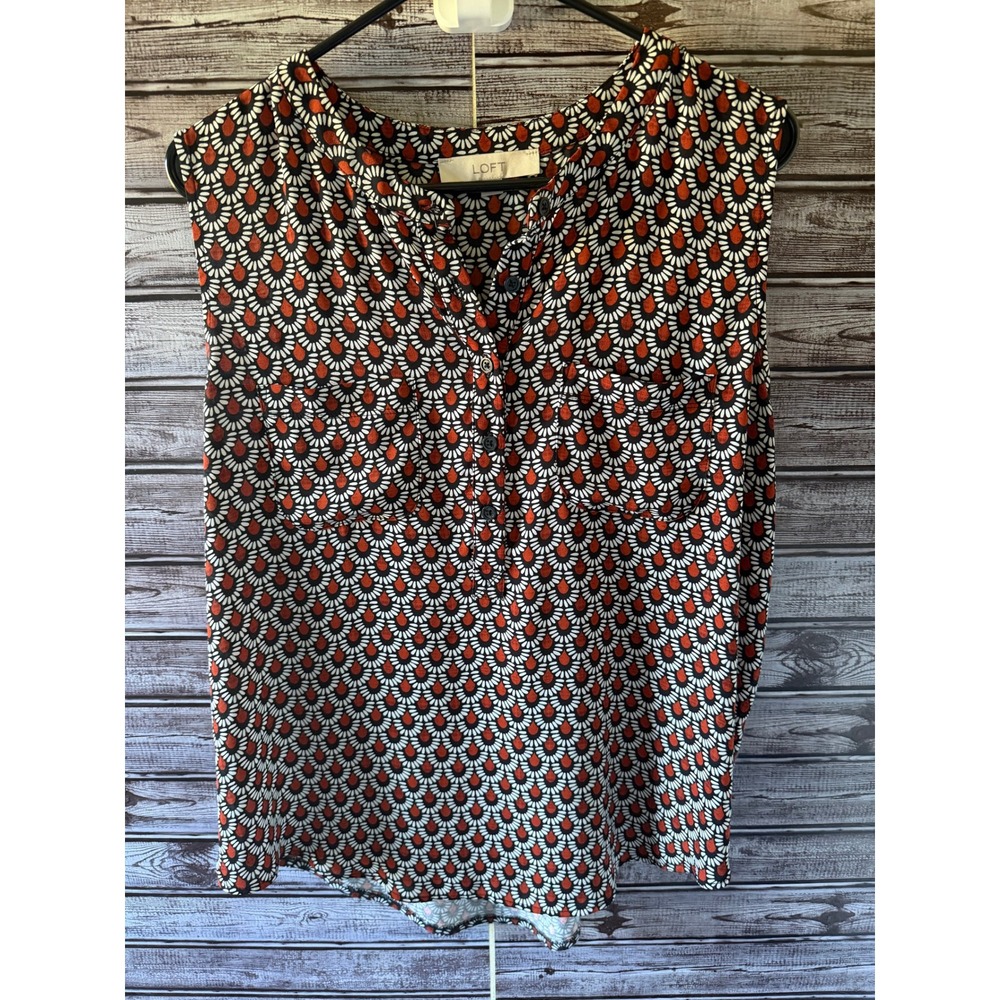 LOFT Women's Sleeveless Blouse Size L Black White Burnt orange Chest Pockets